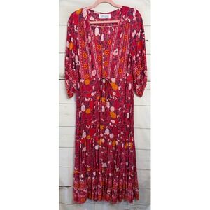 Walker & Wade Red Floral Boho Maxi Dress Women SM V-Neck Tiered Rayon Hand Made